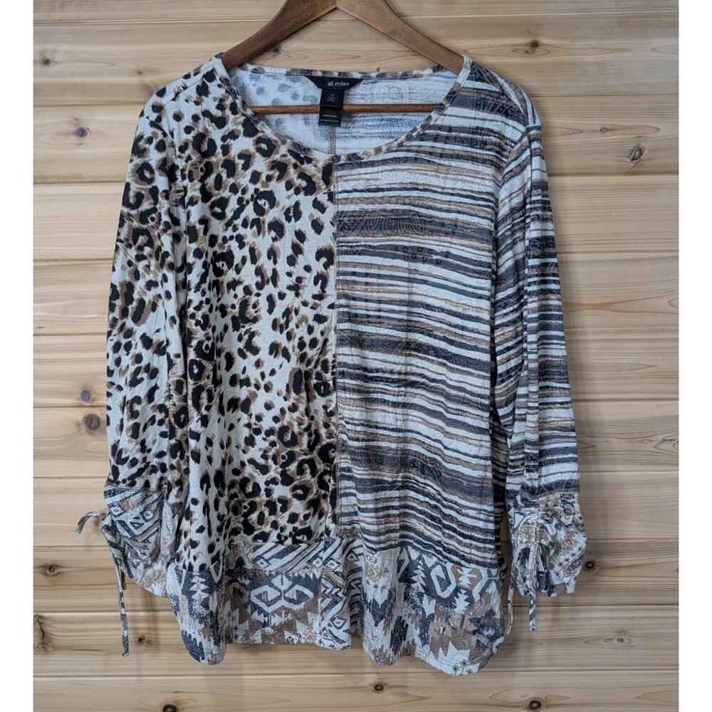 Ali Miles Top Womens 1X Tan Animal Print Mixed Art Blouse